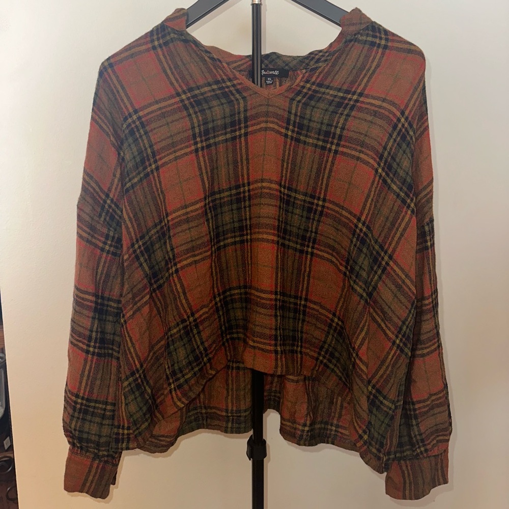 Madewell Plaid V-Neck Long Sleeve Top